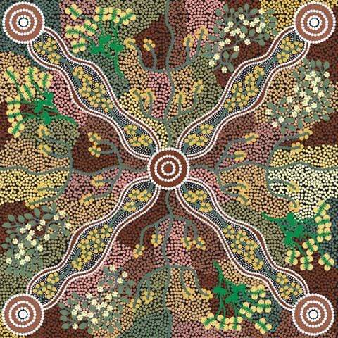 Fabric M&S Textiles Aboriginal Designs - Yuendumu Bush Tomato in Black by Audrey Martin Napanangka